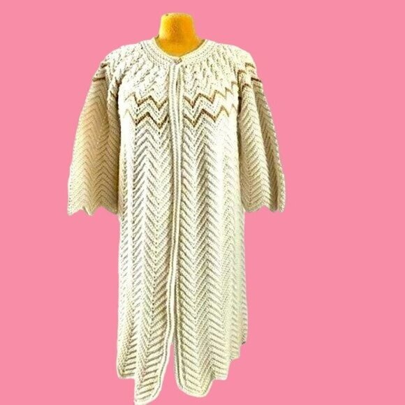 vintage cream zigzag toggle crochet sweater coat duster L/XL coastal granny core - Picture 1 of 13